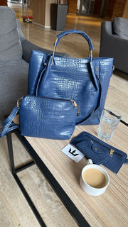 Set genti albastre imitatie crocodil Selena 4 in 1