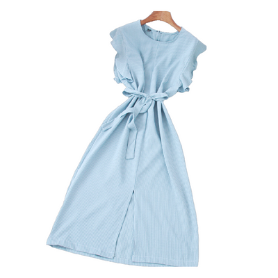 Rochie office bleu in dungi cu volanase - TIARA CONCEPT STORE