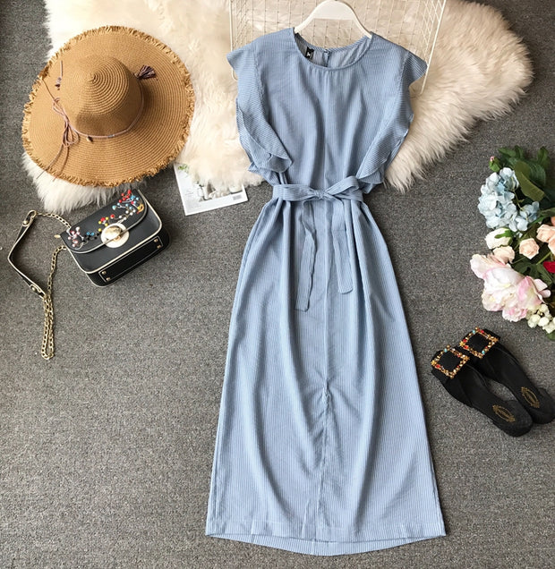 Rochie office bleu in dungi cu volanase - TIARA CONCEPT STORE
