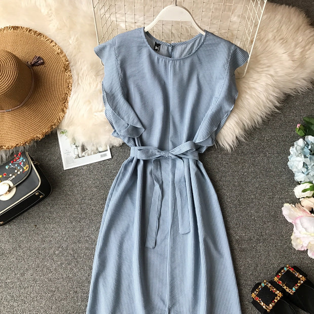 Rochie office bleu in dungi cu volanase - TIARA CONCEPT STORE