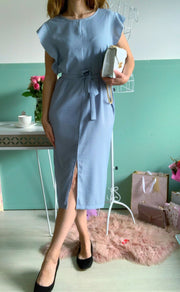 Rochie office bleu in dungi cu volanase - TIARA CONCEPT STORE