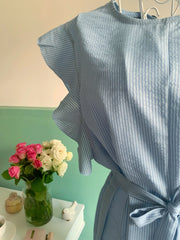 Rochie office bleu in dungi cu volanase - TIARA CONCEPT STORE