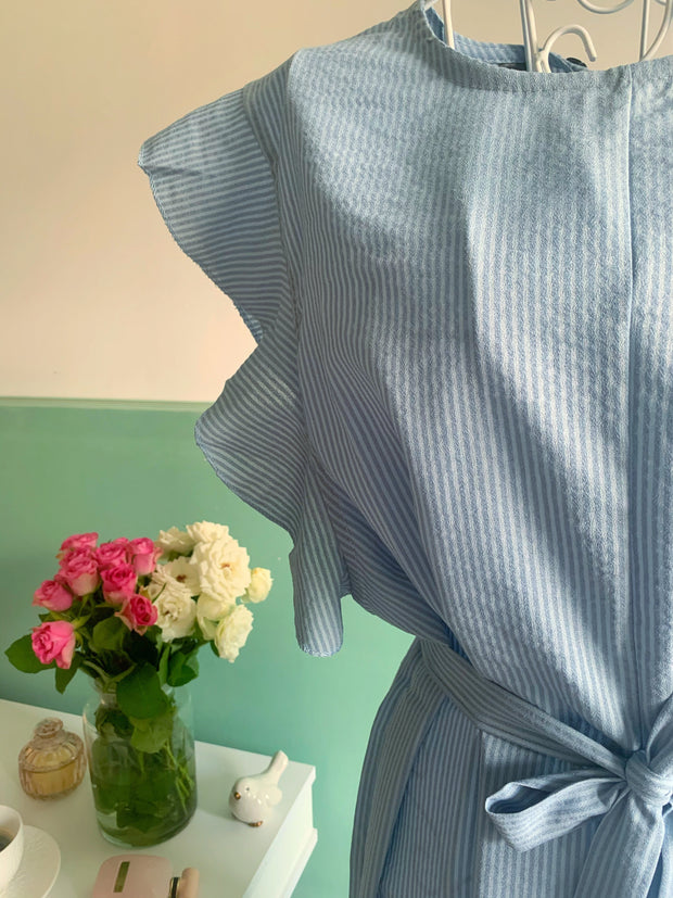Rochie office bleu in dungi cu volanase - TIARA CONCEPT STORE