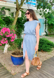 Rochie office bleu in dungi cu volanase - TIARA CONCEPT STORE