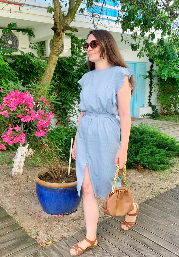 Rochie office bleu in dungi cu volanase - TIARA CONCEPT STORE