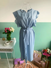 Rochie office bleu in dungi cu volanase - TIARA CONCEPT STORE