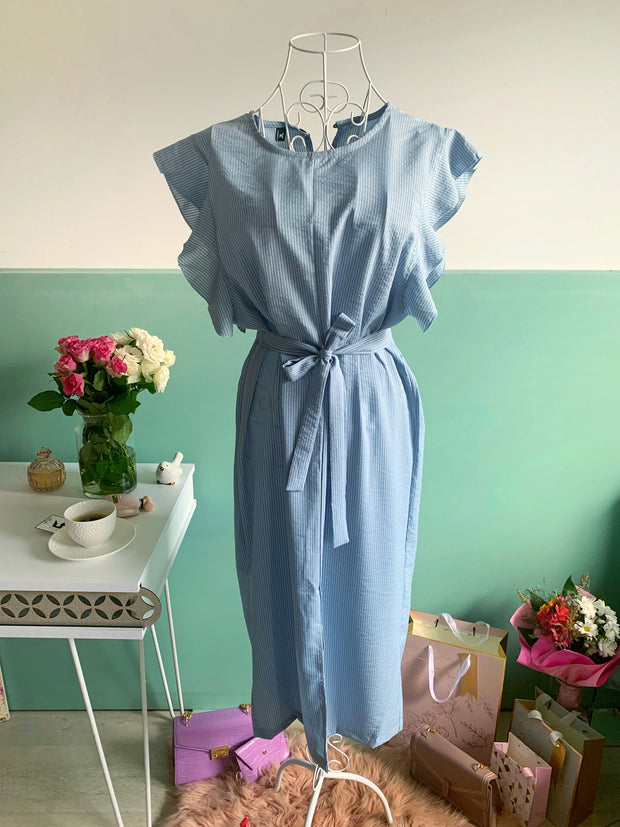 Rochie office bleu in dungi cu volanase - TIARA CONCEPT STORE