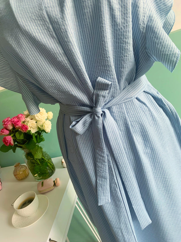 Rochie office bleu in dungi cu volanase - TIARA CONCEPT STORE