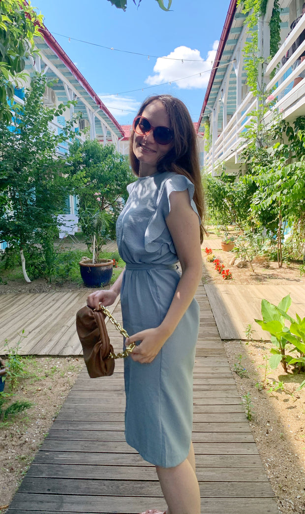 Rochie office bleu in dungi cu volanase - TIARA CONCEPT STORE