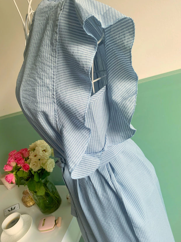 Rochie office bleu in dungi cu volanase - TIARA CONCEPT STORE