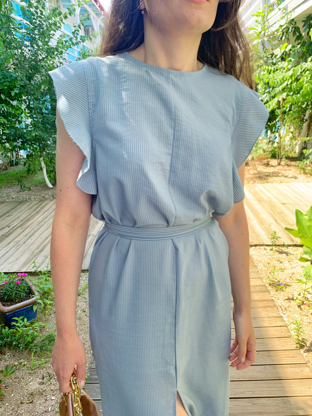 Rochie office bleu in dungi cu volanase - TIARA CONCEPT STORE