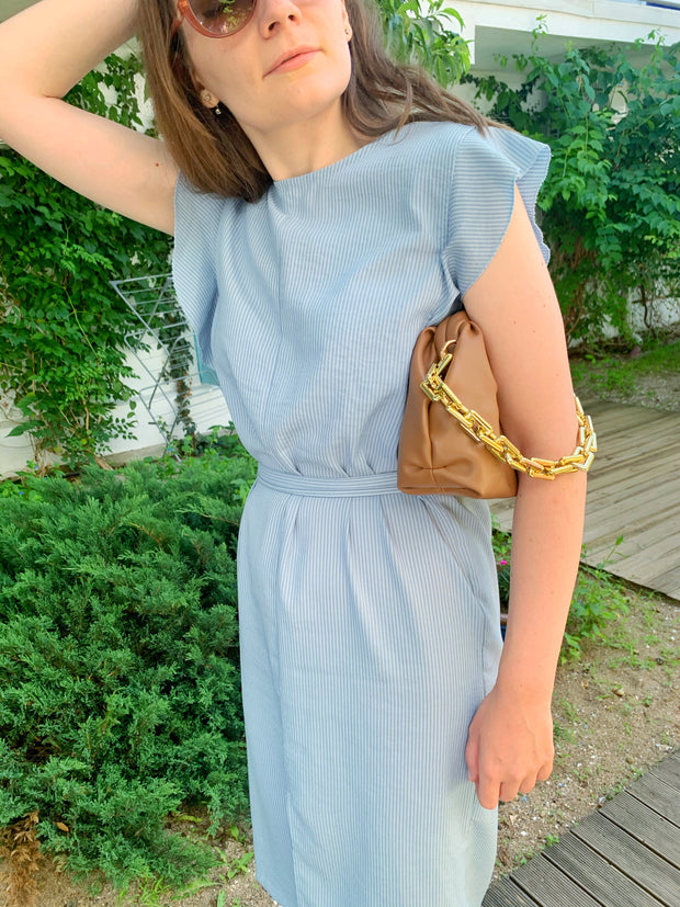 Rochie office bleu in dungi cu volanase - TIARA CONCEPT STORE